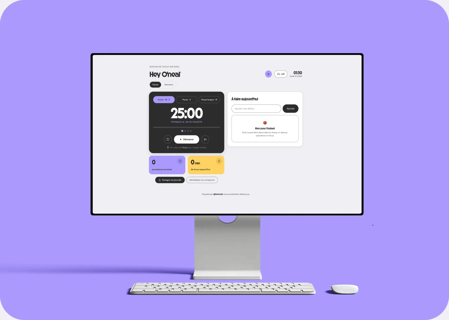 Nagi : l’application sur un écran, fond lilas